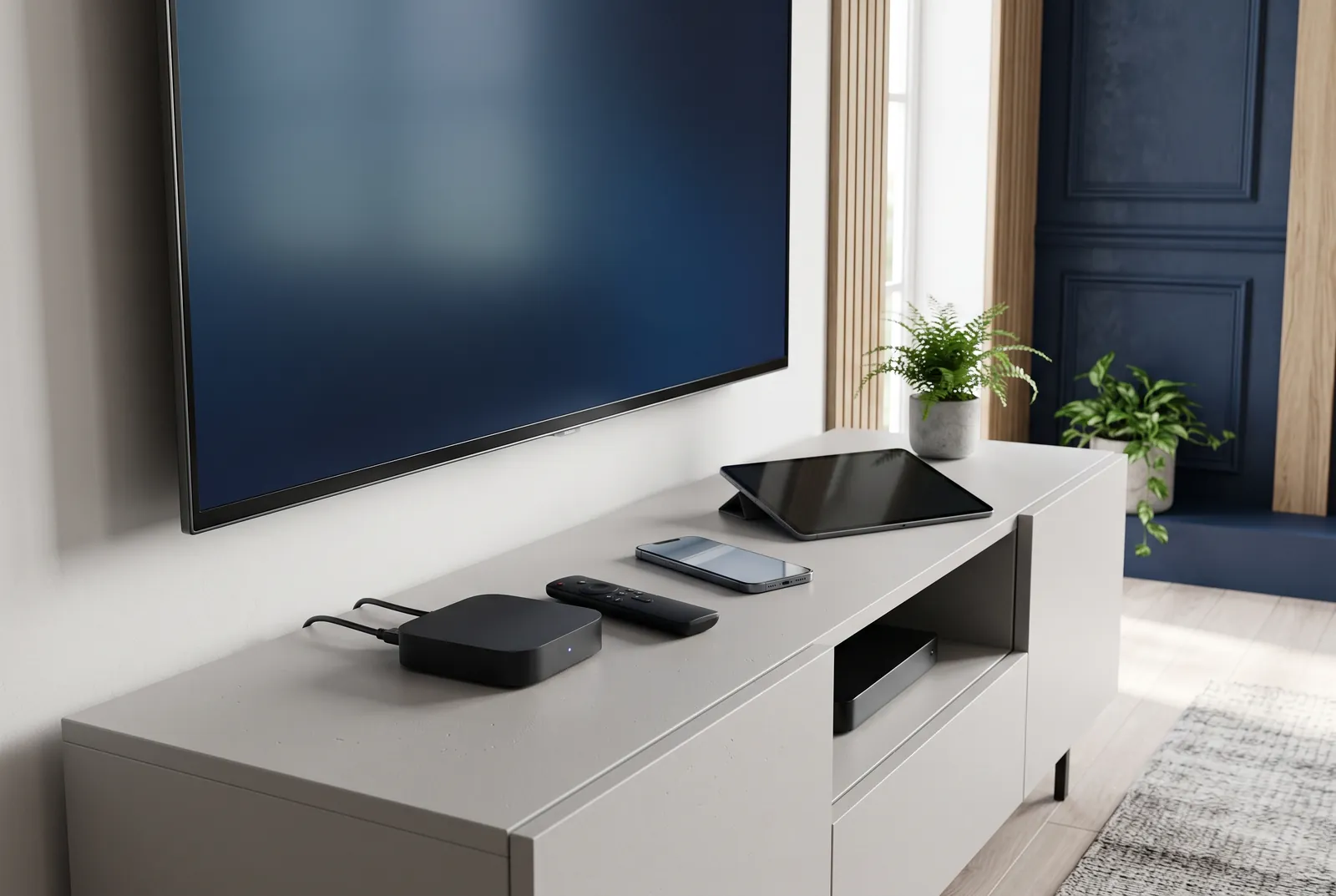 Wall-mounted TV above a light grey media unit holding a streaming box, remote control, smartphone and tablet, with a set-top box on the shelf below
